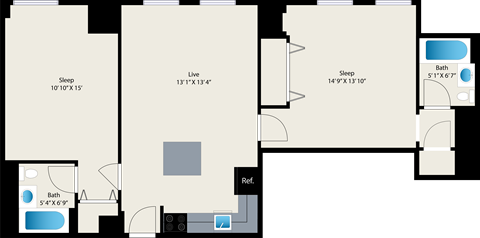 A floor plan of a house with three bedrooms, a living room, a bathroom, and a kitchen.